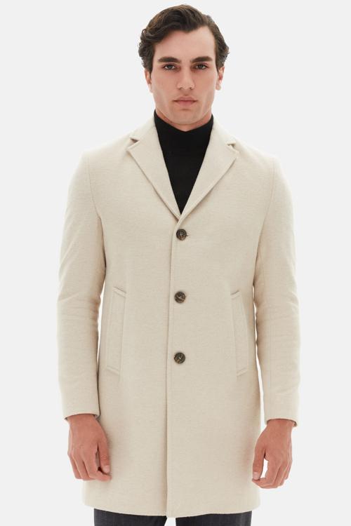 Regular Fit Bej Mono Yaka Kaşe Kaban