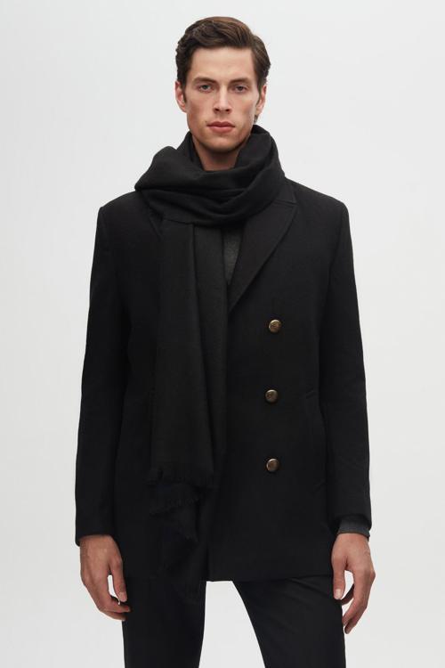 Regular Fit Siyah Kruvaze Denizci Metal Düğme Detaylı Kaşe Kaban