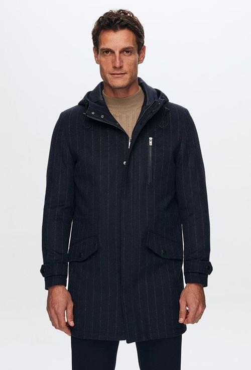 Regular Fit Lacivert Çizgili Yünlü Kapüşonlu Kaşe Kaban