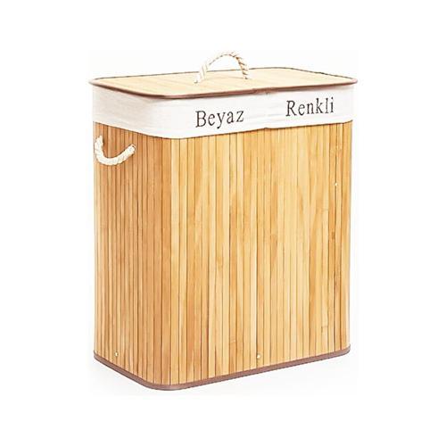 DİKDÖRTGEN İKİ BÖLMELİ İÇ BEZ BAMBU AHŞAP KİRLİ ÇAMAŞIR SEPETİ İP KULP 52X32X62CM (5060)