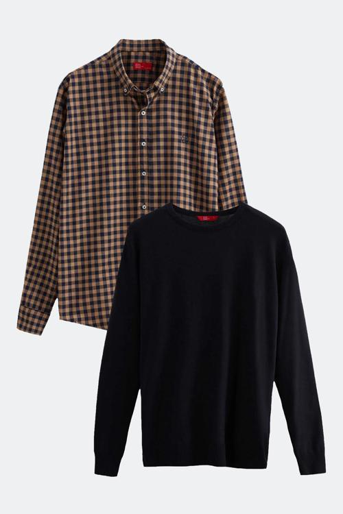 Ds Damat Slim Fit Camel Pamuk Karışımlı 2'Li Bisiklet Yaka Triko Ve Gömlek