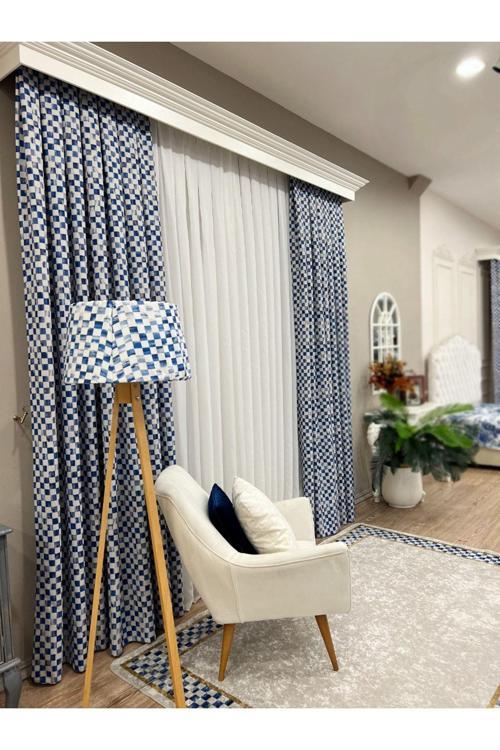 1/3 Sık Pileli Damalı Fon Perde - Mavi