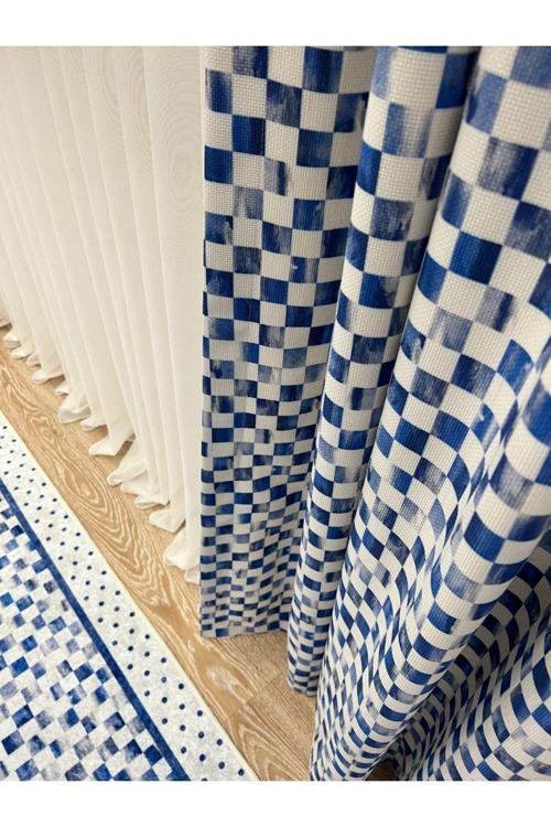 Pilesiz Ekstraforlu Damalı Fon Perde - Mavi