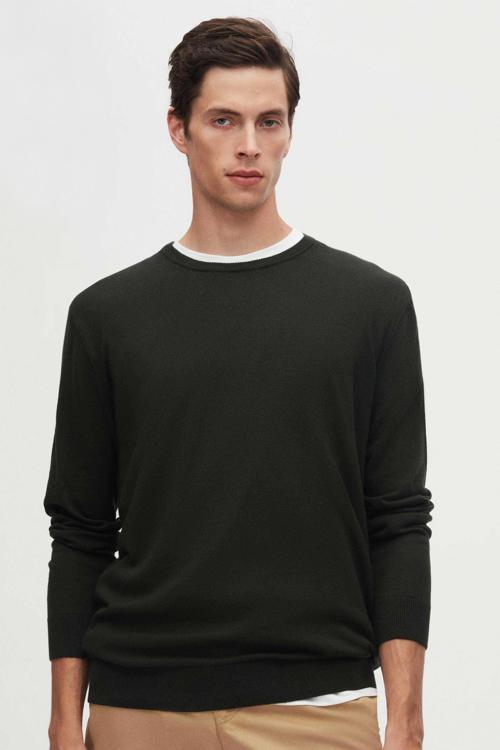 Regular Fit Haki Tüylenme Yapmayan Bisiklet Yaka Triko Kazak