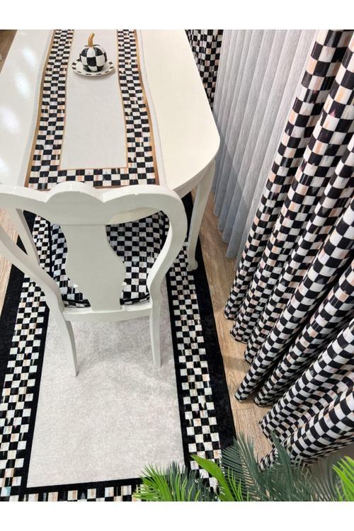 1/3 Sık Pileli Damalı Fon Perde - Bej-Siyah