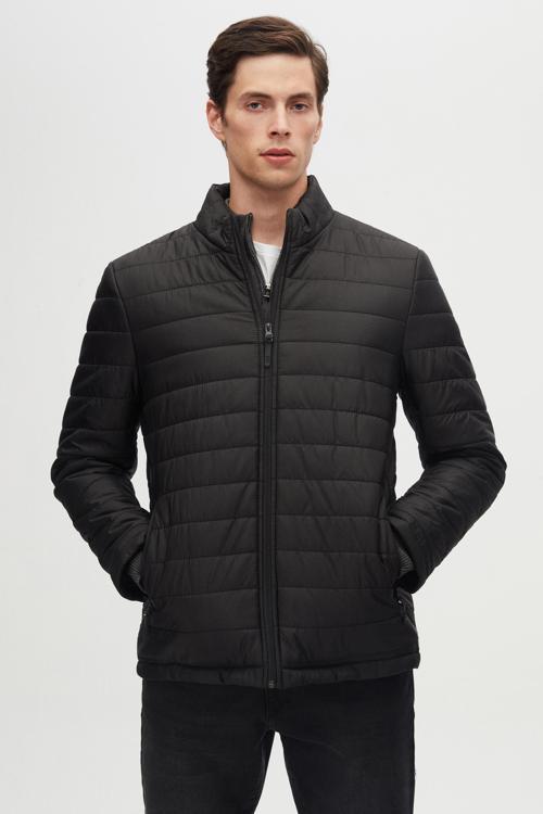 Slim Fit Siyah Rüzgar Geçirmez Elyaf Dolgulu Şişme Mont