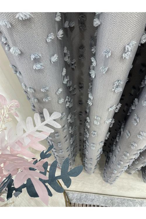 Açık Gri Renk Ponponlu Pufy Fon Perde 1/3 Sık Pile