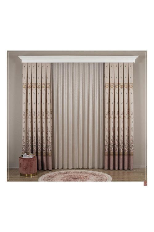 Country Collection 1/3 Sık Pile Natural Keten Çiçek Desenli Fon Perde