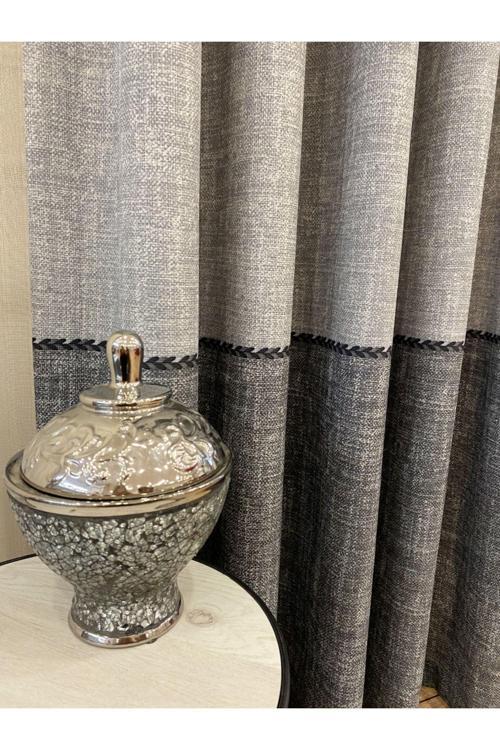 Keten Görünümlü Örgü Detaylı Desen 1/2,50 Pile Fon Perde - Açık Gri