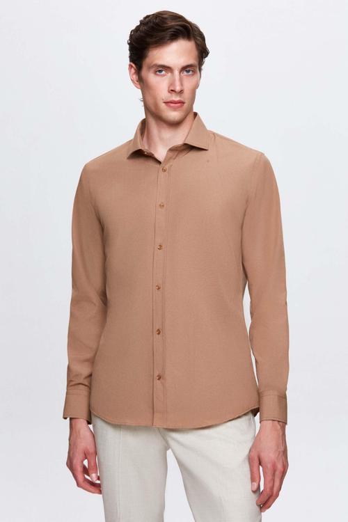Slim Fit Kahverengi Klasik Kravatlık Uzun Kol Kolay Ütülenebilir Gömlek