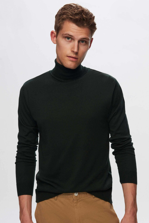 Regular Fit Haki Pamuk Karışımlı Balıkçı Yaka Triko Kazak