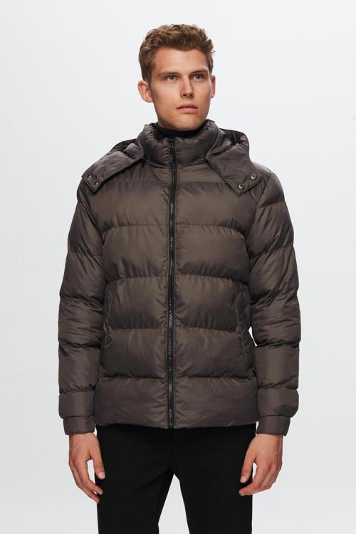 Regular Fit Antrasit Rüzgar Geçirmez Kapüşonlu Kışlık Şişme Mont