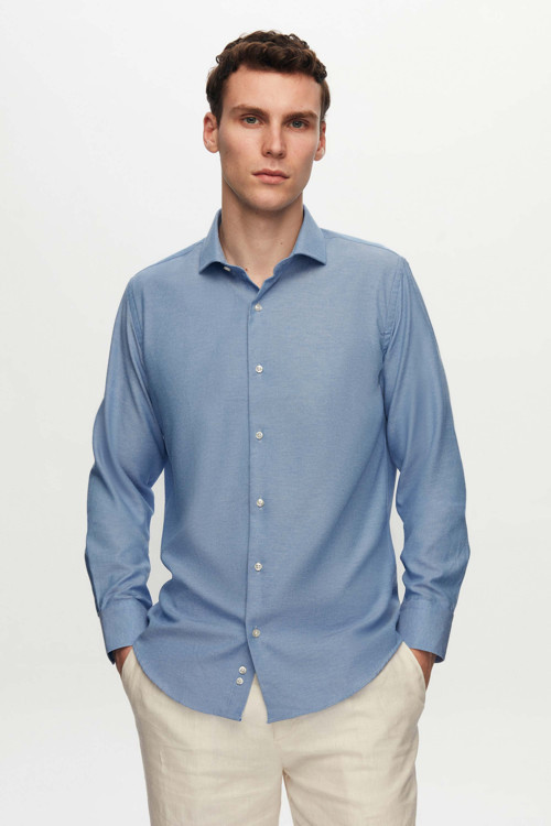 Slim Fit Koyu Mavi Klasik Kravatlık Uzun Kol Kolay Ütülenebilir Gömlek