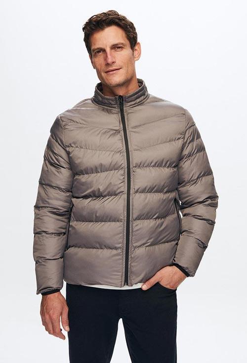 Slim Fit Gri Rüzgar Geçirmez Elyaf Dolgulu Şişme Mont