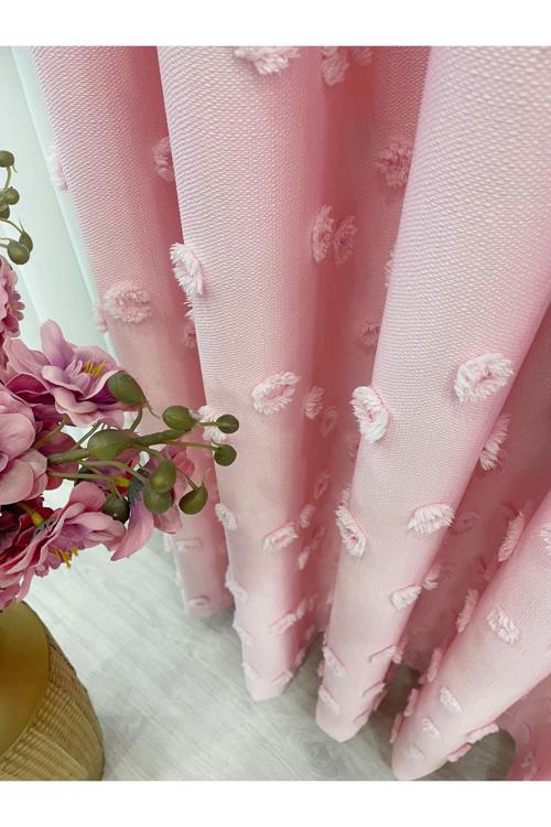 Şeker Pembe Renk Ponponlu Pufy Fon Perde 1/3 Sık Pile