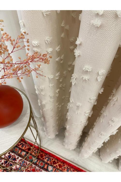 Ekru Renk Ponponlu Pufy Fon Perde 1/3 Sık Pile