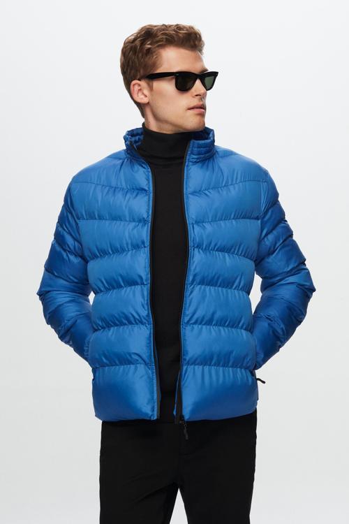 Slim Fit Mavi Rüzgar Geçirmez Elyaf Dolgulu Şişme Mont
