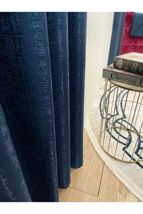 Jakar Zemin Kendinden Desenli 1/2,5 Pile Fon Perde - Lacivert