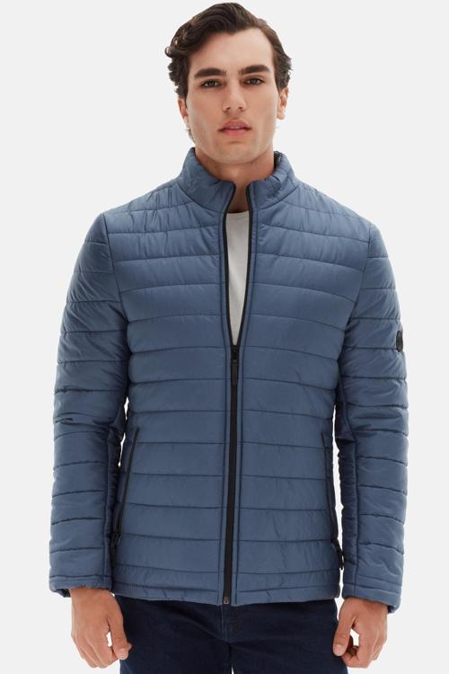 Slim Fit Mavi Rüzgar Geçirmez Elyaf Dolgulu Şişme Mont