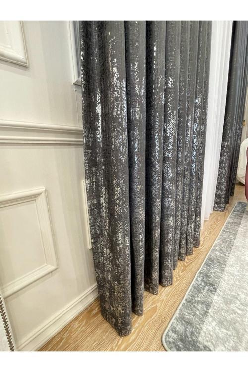 Jakar Zemin Varaklı Desen 1/3 Sık Pile Fon Perde - Gri - Gümüş Varaklı