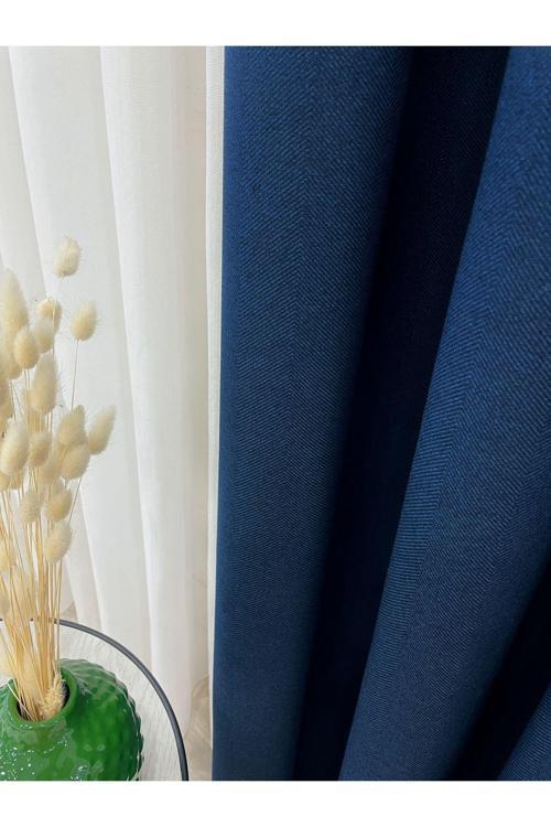 Lacivert - Keten Görünümlü 1/3 Sık Pile Fon Perde