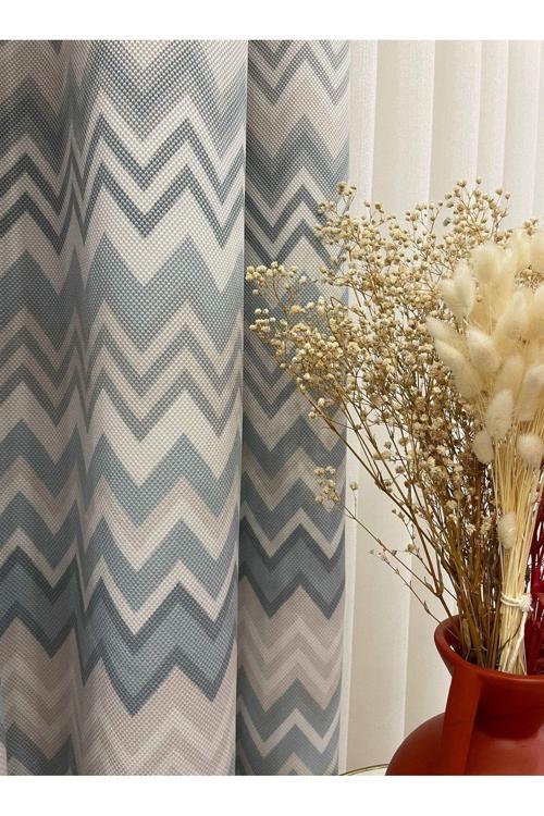 Zigzag Desenli Pilesiz Düz Dikim Ekstraforlu Fon Perde -Gri - Mavi