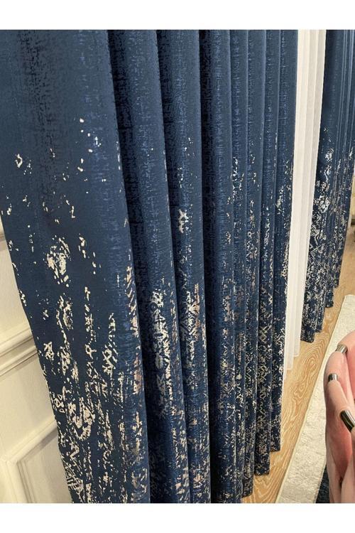 Jakar Zemin Varaklı Desen 1/3 Sık Pile Fon Perde - Lacivert - Gümüş Varaklı