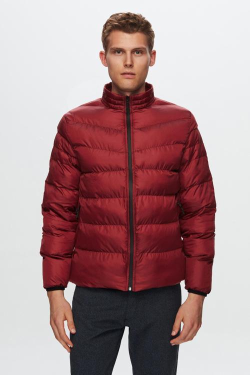 Slim Fit Bordo Rüzgar Geçirmez Elyaf Dolgulu Şişme Mont