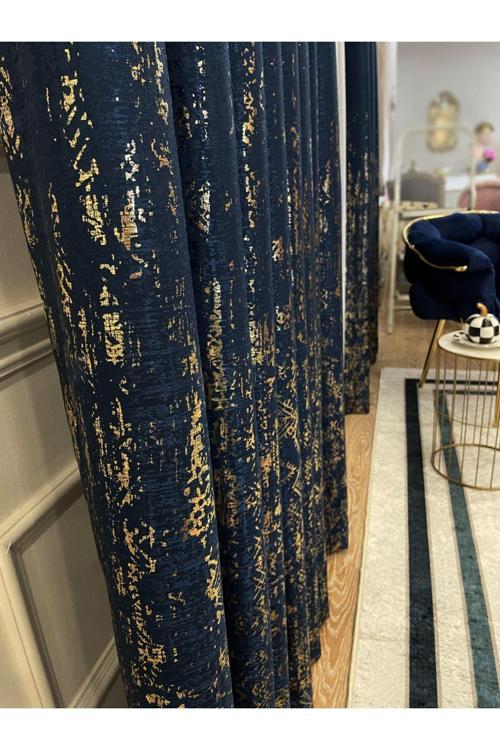 Jakar Zemin Varaklı Desen 1/3 Sık Pile Fon Perde - Lacivert - Altın Varaklı