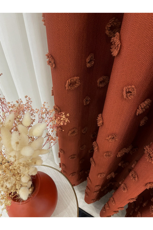 Kiremit Rengi Ponponlu Pufy Fon Perde 1/3 Sık Pile