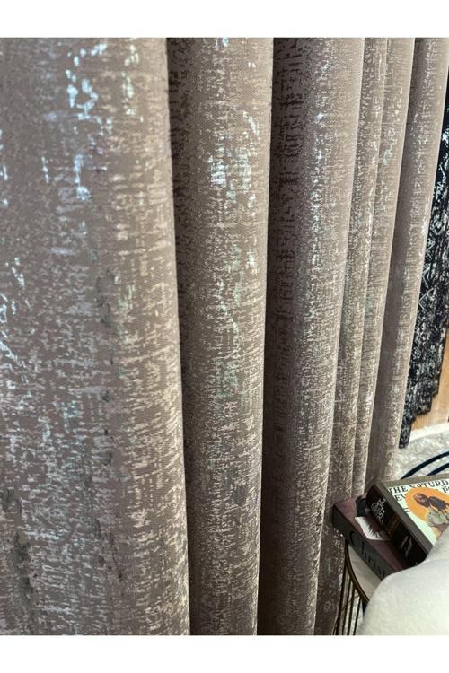 Jakar Zemin Varaklı Desen 1/3 Sık Pile Fon Perde - Vizon - Gümüş Varaklı