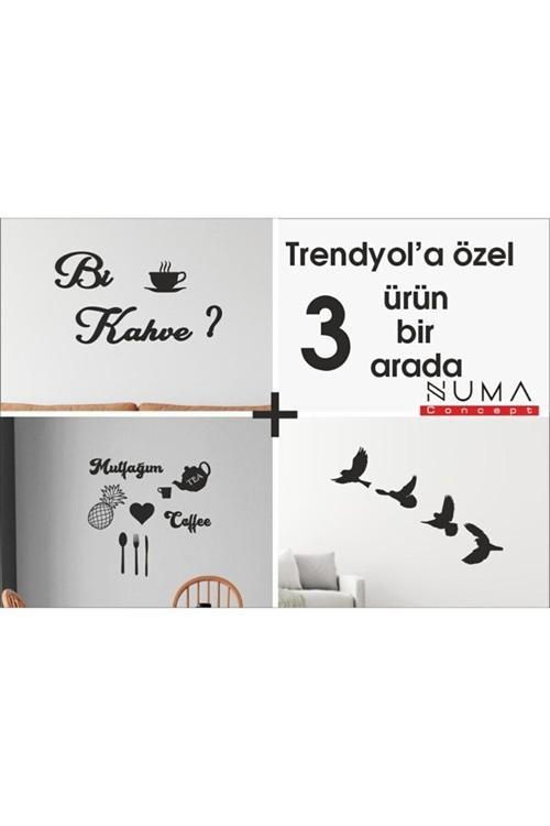 Mutfağım Bi Kahve 4'Lü Kuş Duvar Dekoru 3 Ürün 1 Arada