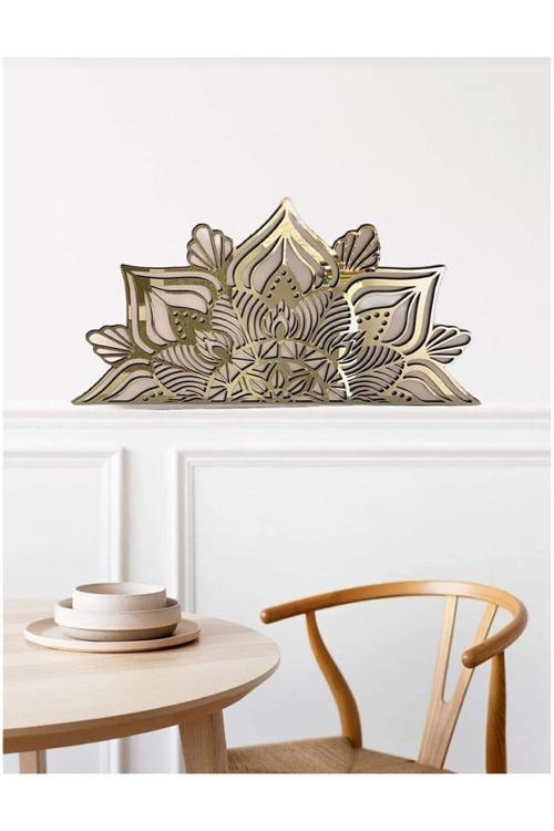 Lotus Çiçeği Yarım Tablo Mdf Üzeri Gold Pleksi Duvar Dekorasyon 60X30 Cm