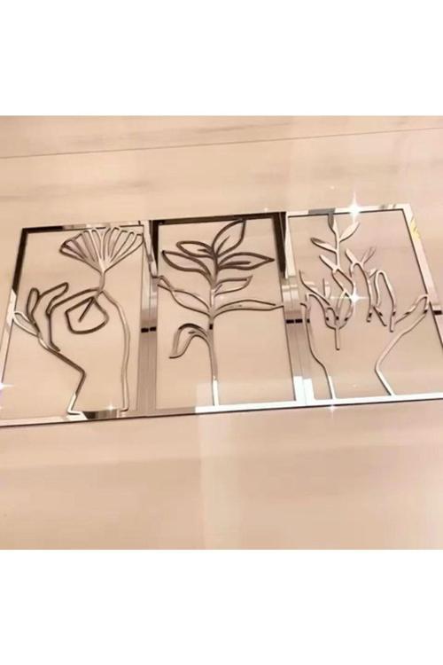 Çiçekler Ve Eller 3'Lü Tablo Mdf Üzeri Gümüş Pleksi Dekorasyon Her Bir Tablo 40X25 Cm