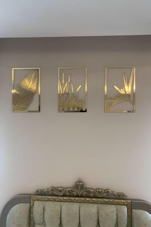 Yaprak Ve Sazlık 3'Lü Tablo Mdf Üzeri Gold Pleksi Duvar Dekorasyon Her Biri 30X24 Cm