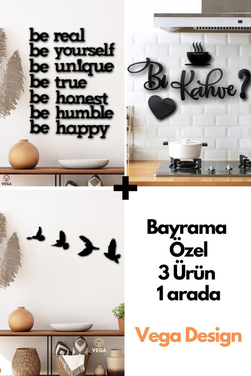 Be Yourself + Bi Kahve + 4'Lü Kuş Duvar Dekoru 3 Ürün 1 Arada