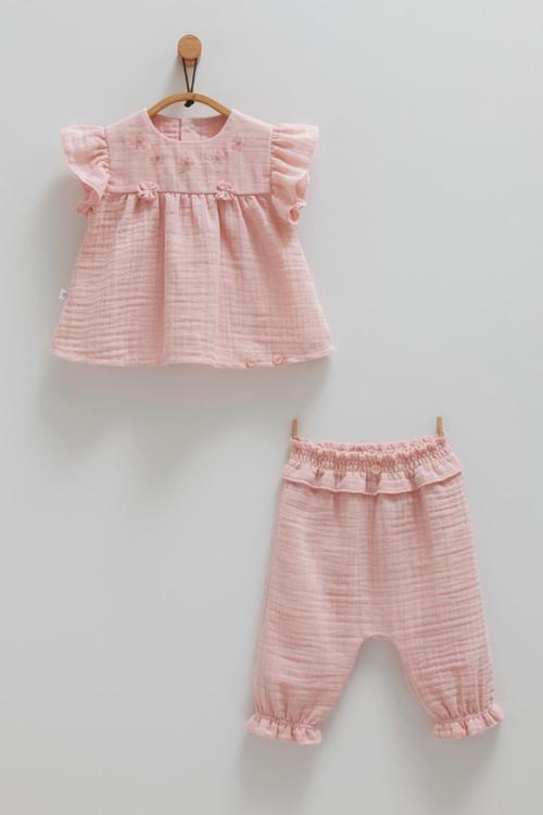 LITTLE GIRL MÜSLİN NAKIŞLI FIRFIRLI ŞORTLU TAKIM Gül Kurusu