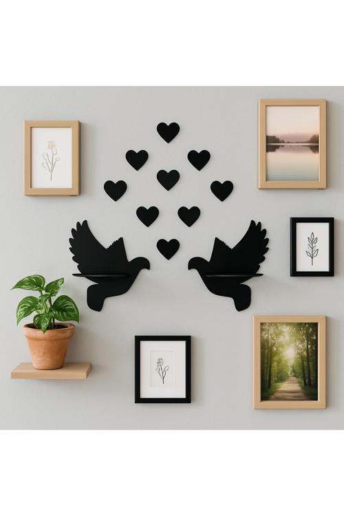 Çifte Kumru Ahşap 2'Li Güvercin Duvar Rafı (30X28 Cm)