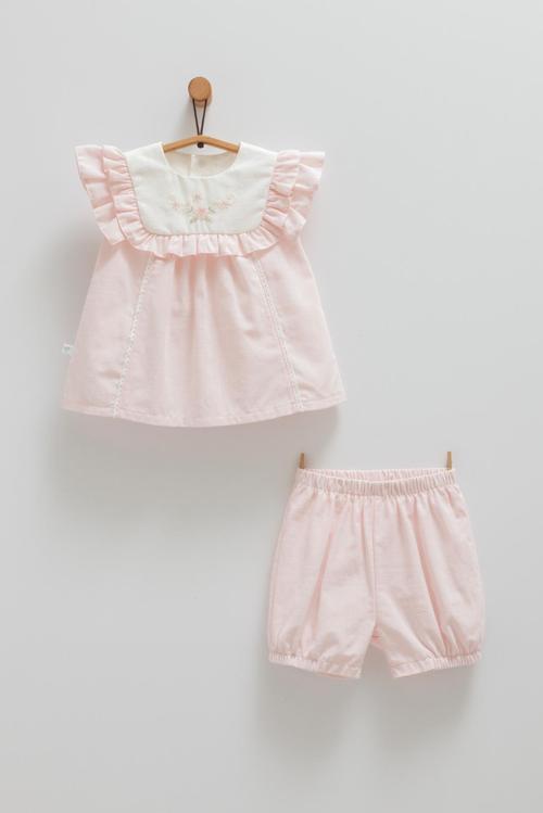 SERENITY GIRL ÇİÇEK DETAYLI FIRFIRLI BLUZ ŞORT TAKIM Pembe