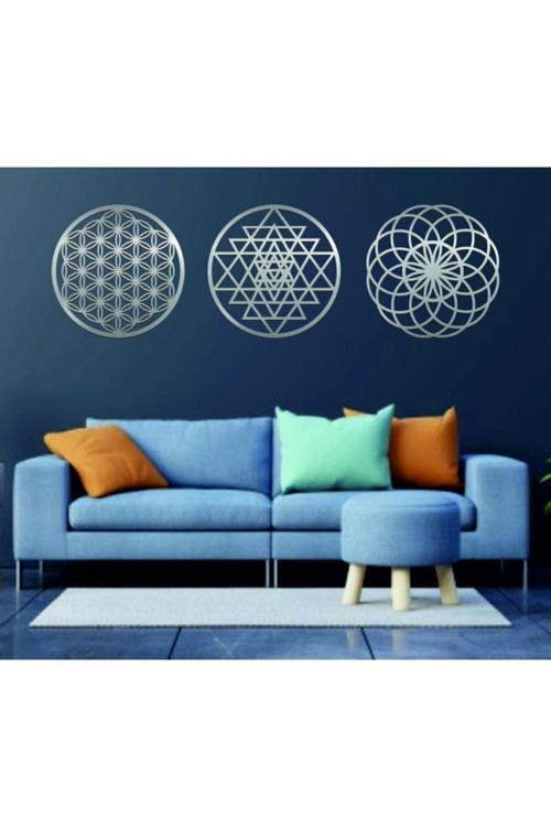 Yaşam Çiçeği Sri Yantra Torus Nefesi Üçlü Gümüş Rengi Aynalı Pleksi Dekoratif Tabloshri Yantra