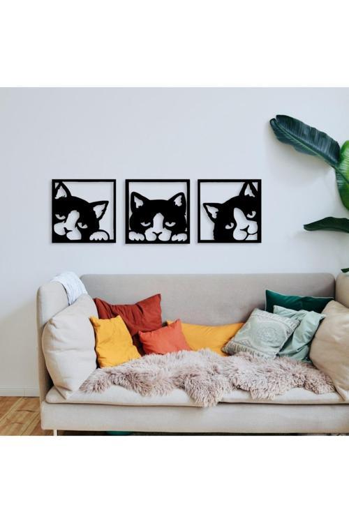 3'Lü Kedi Tablo Duvar Dekorasyon Lazer Kesim Her Biri 25X24 Cm