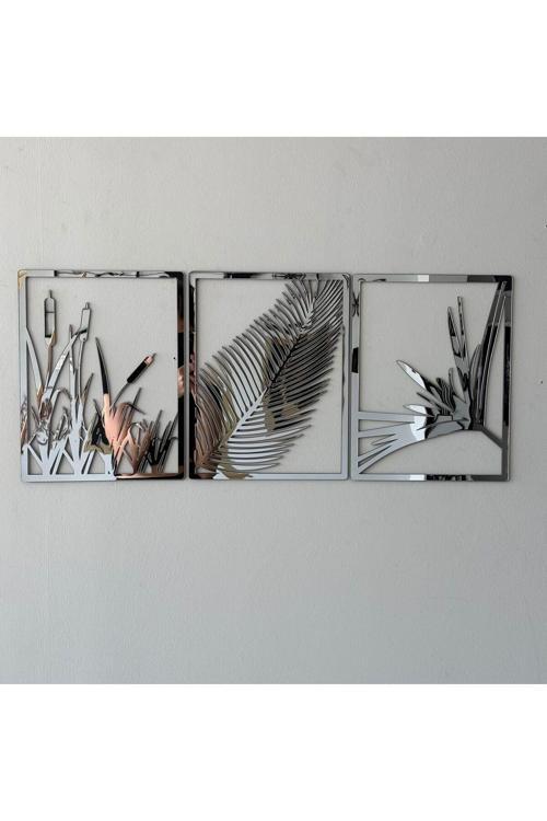 Yaprak Ve Sazlık 3'Lü Tablo Mdf Üzeri Gümüş Pleksi Duvar Dekorasyon Her Biri 35X25 Cm