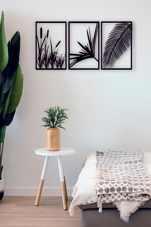 Yaprak Ve Sazlık 3'Lü Tablo Mdf Duvar Dekorasyon Lazer Kesim Her Biri 30X24 Cm