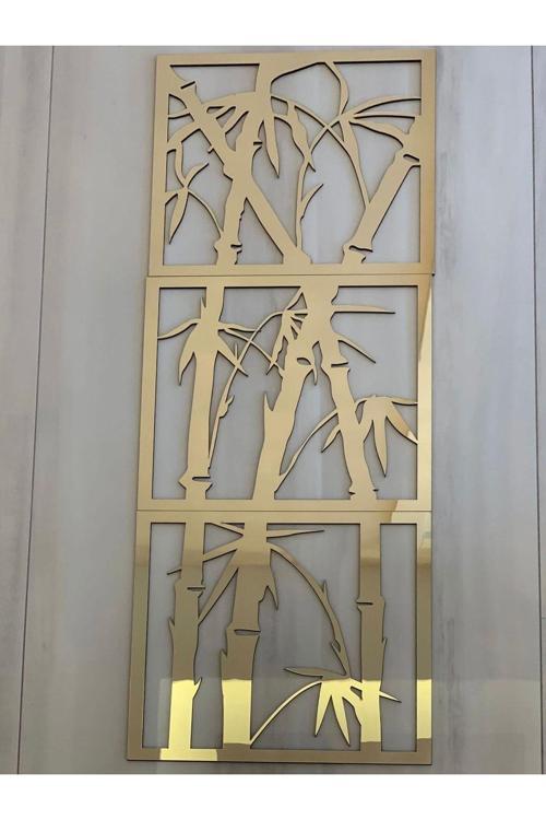 Bambu 3'Lü Tablo Mdf Üzeri Gold Pleksi Duvar Dekorasyon Her Biri 25X22 Cm