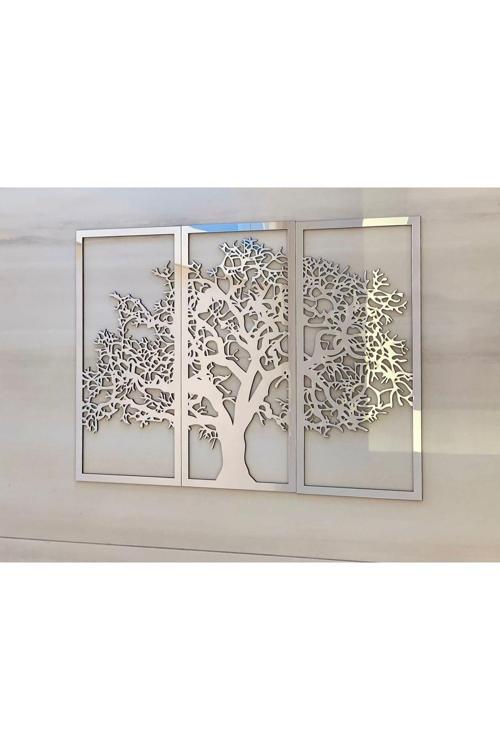 Sonbahar 3'Lü Çınar Ağacı Tablo Mdf Üzeri Gümüş Pleksi Duvar Dekorasyon Her Biri 39X17 Cm