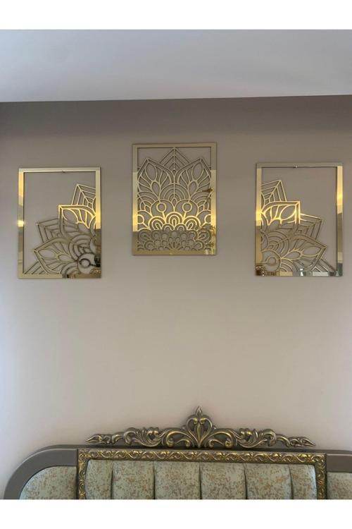 Lotus Çiçeği 3'Lü Tablo Mdf Üzeri Gold Pleksi Duvar Dekorasyon Her Biri 35X24,5 Cm