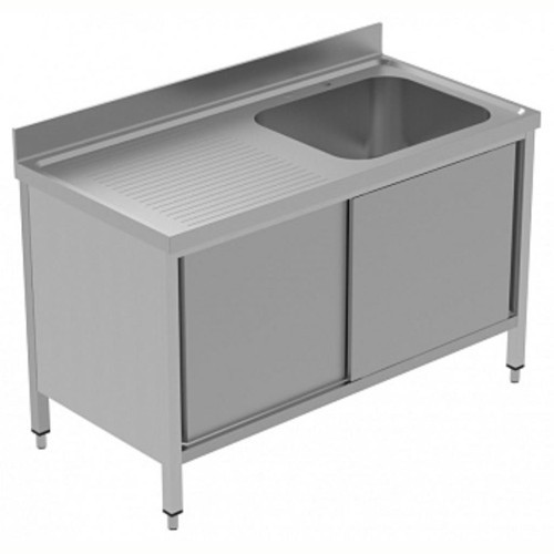 Professional Dolaplı Tek Evyeli Tezgah, Evyesi (600x500 Mm), Solda Damlalıklı, 2 Kayar Kapılı - 1400 Mm, Plus GLG1416SXP