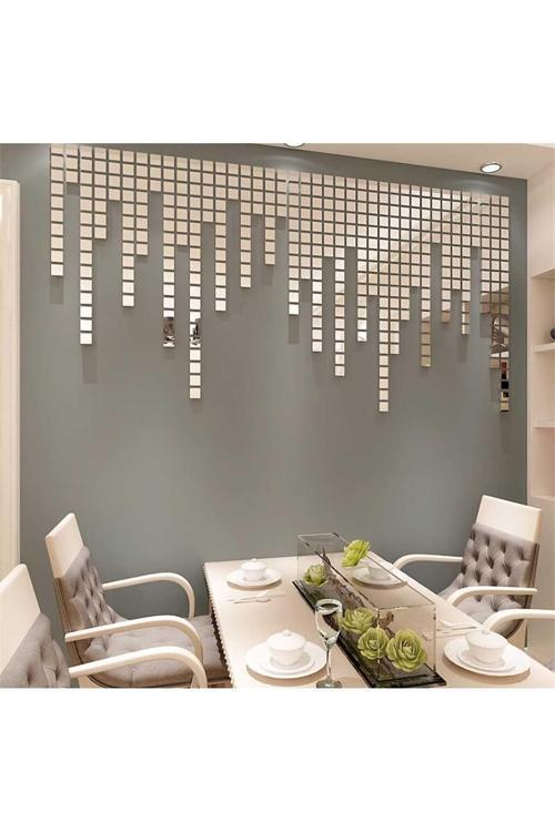 Mozaik Ayna Gümüş Pleksi 100'Lü Duvar Dekorasyon Lazer Kesim Her Biri 3X3 Cm