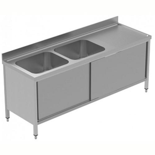 Dolaplı Evyeli Tezgah, 2 Evyeli (600x500 Mm), Sağ Damlalıklı, 2 Kayar Kapılı - 2100 Mm, Plus GLG2126DXP