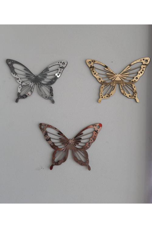 Kelebekler 3'Lü Mdf Üzeri Gold, Gümüş, Rose Pleksi Duvar Dekorasyon Her Biri 24X17 Cm